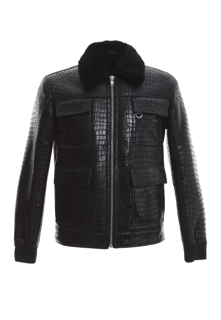 Mens Shearling Bomber Jacket - Crocodile Black - Black Wool - 1