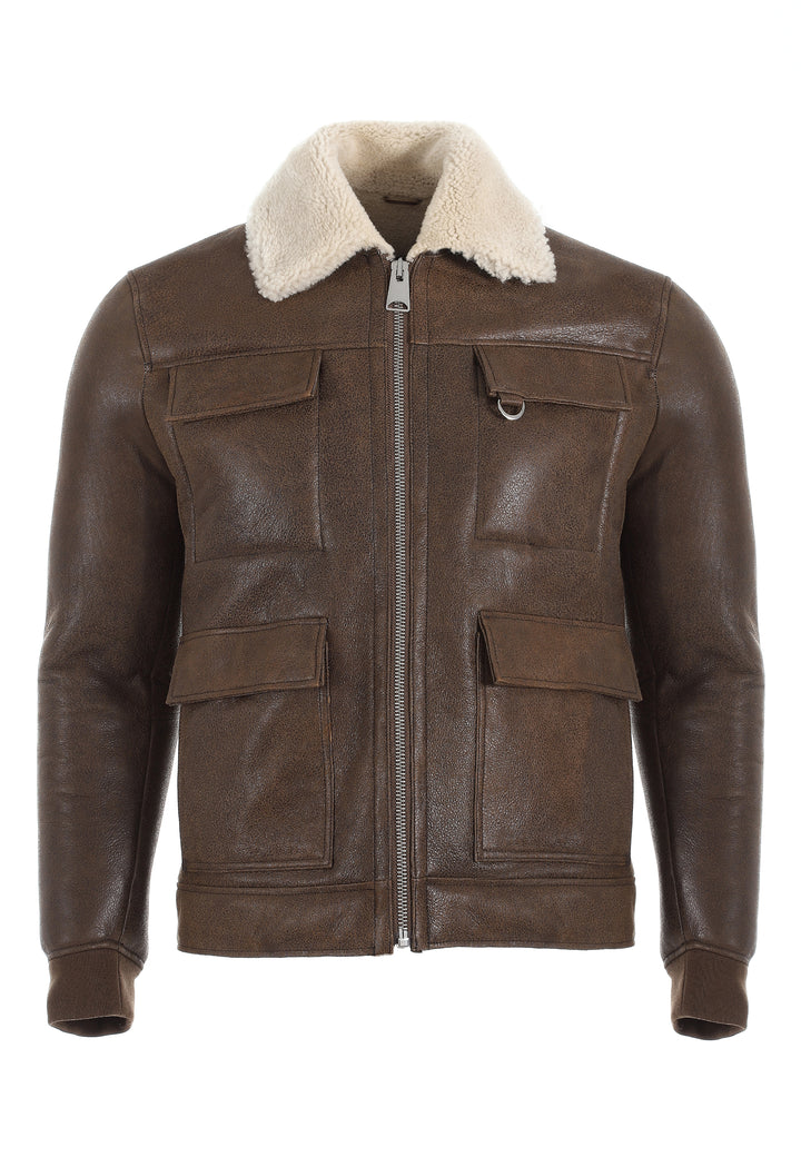 Mens Shearling Bomber Jacket - Vintage Camel - Beige  Curly Wool - 1