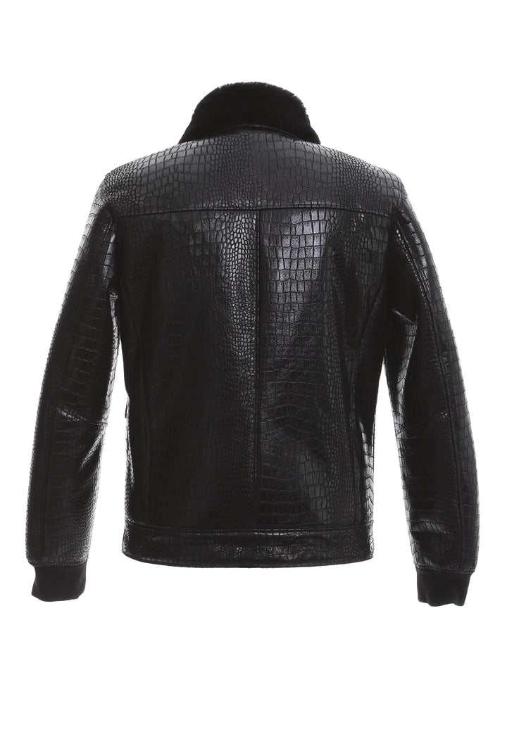 Mens Shearling Bomber Jacket - Crocodile Black - Black Wool - 2