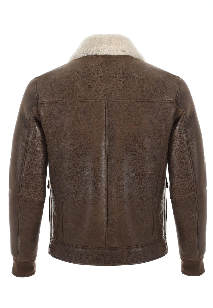 Mens Shearling Bomber Jacket - Vintage Camel - Beige  Curly Wool - 2