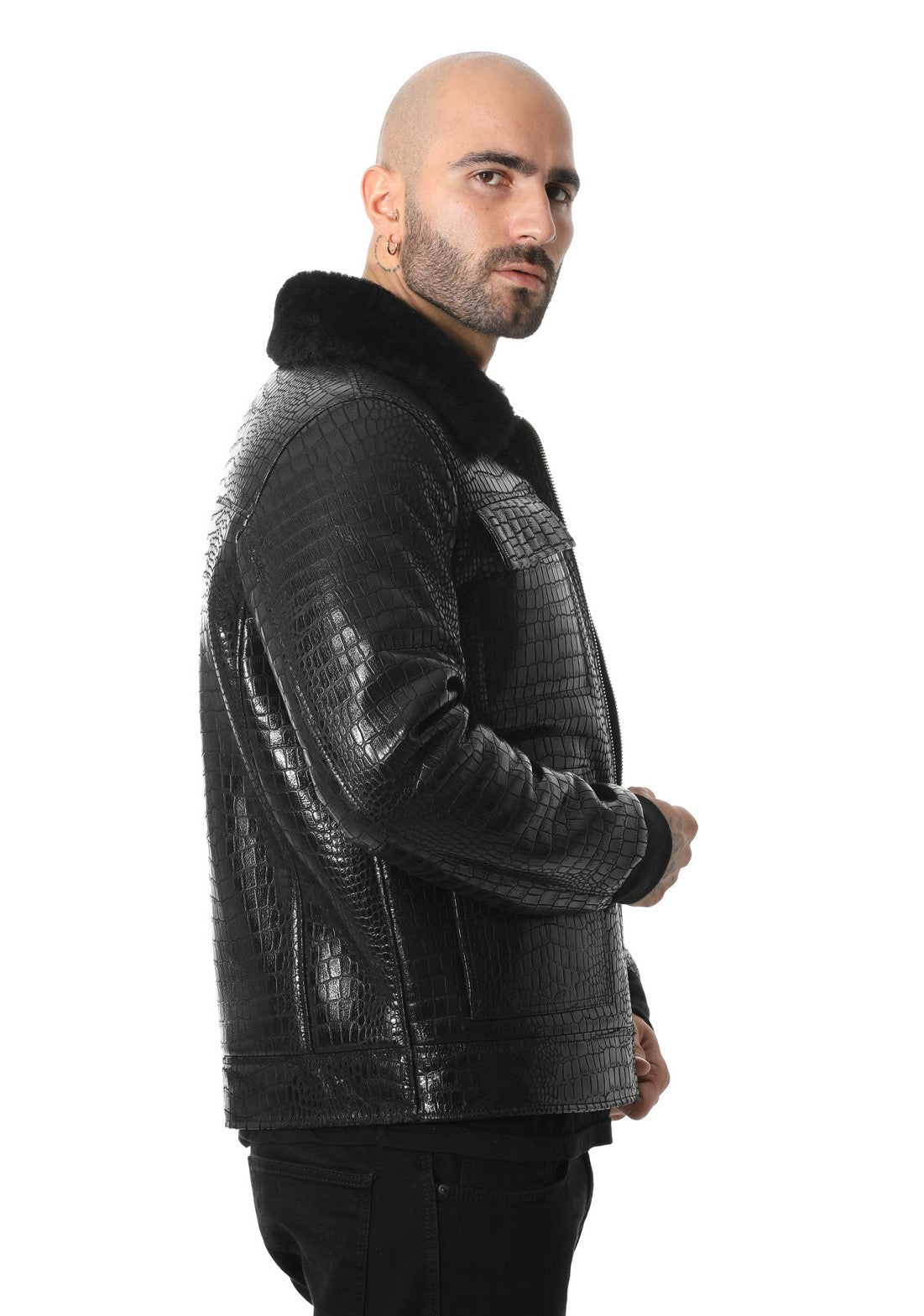 Men's Black Leather Bomber Jacket, Crocodile Emboss