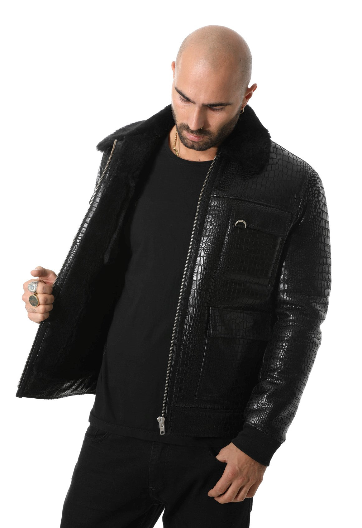 Men's Black Leather Bomber Jacket, Crocodile Emboss