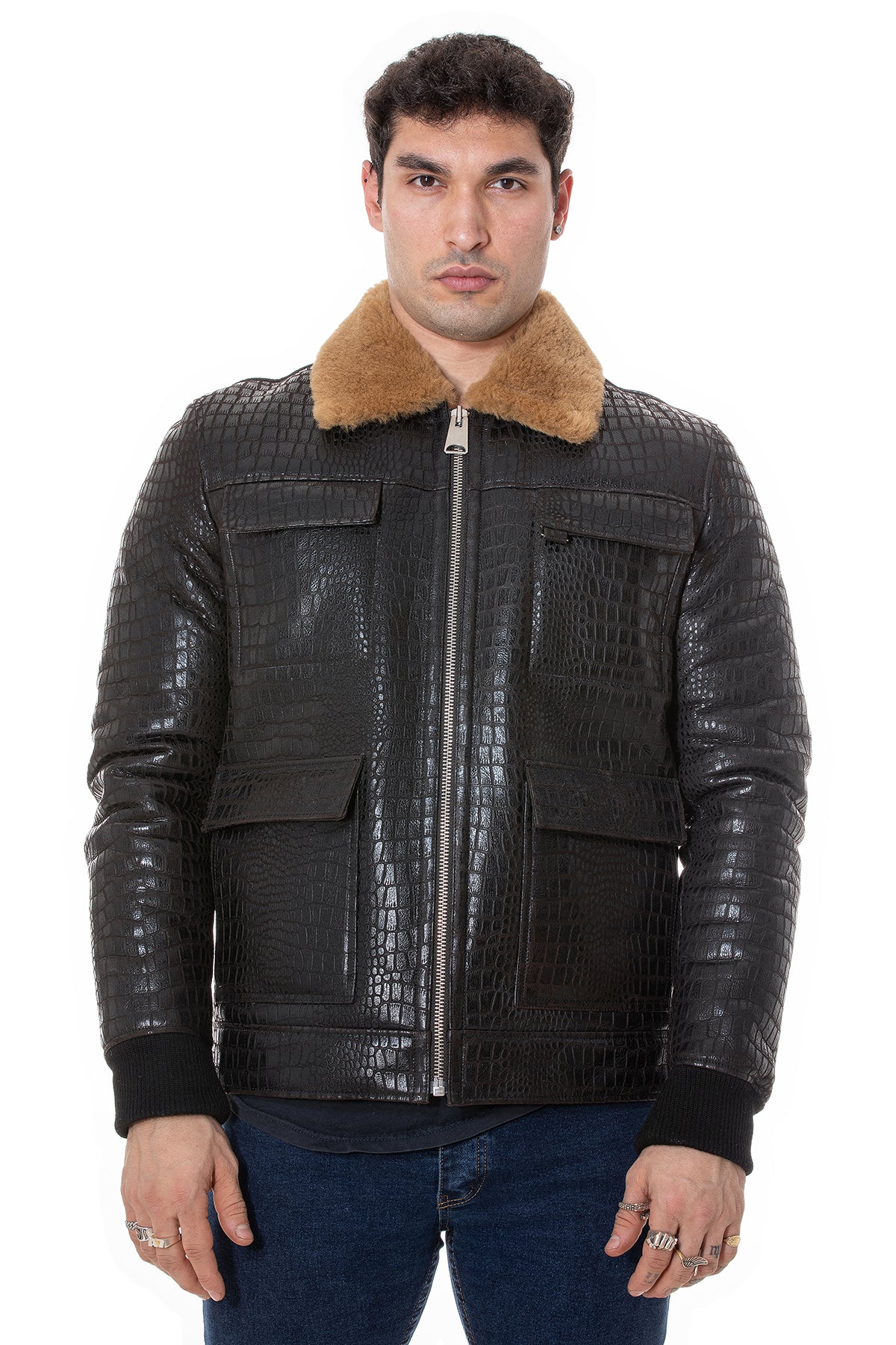 Men's Shearling Bomber Jacket, Brown Crocodile Emboss with Ginger Wool