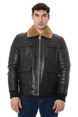 Image of Men's Shearling Bomber Jacket, Brown Crocodile Emboss with Ginger Wool