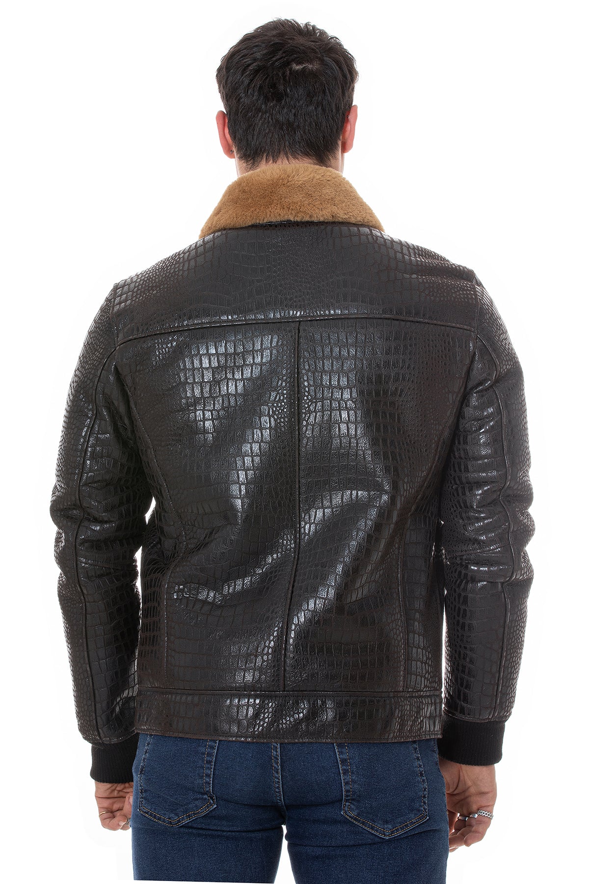 Men's Shearling Bomber Jacket, Brown Crocodile Emboss with Ginger Wool