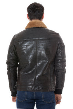 Image of Men's Shearling Bomber Jacket, Brown Crocodile Emboss with Ginger Wool