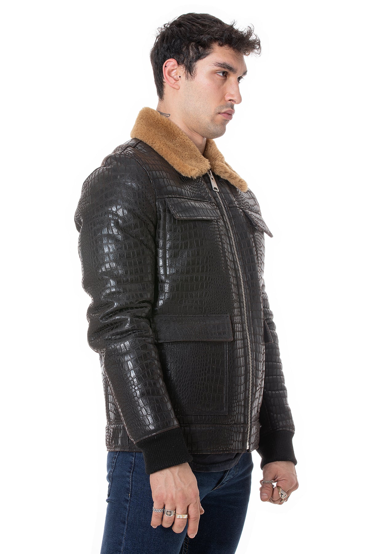 Men's Shearling Bomber Jacket, Brown Crocodile Emboss with Ginger Wool