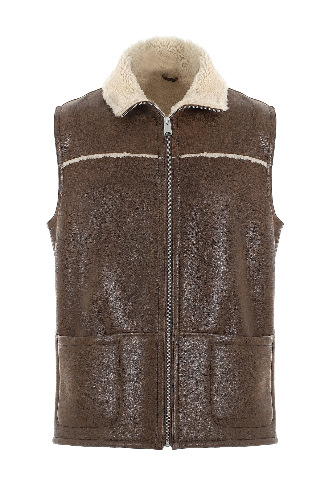 Mens Sheepskin Gilet - Vintage Camel - White Curly Wool - 1