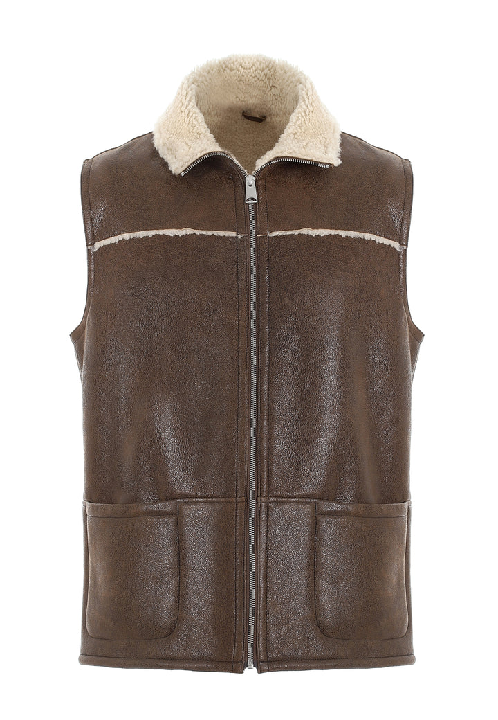 Mens Sheepskin Gilet - Vintage Camel - White Curly Wool - 1