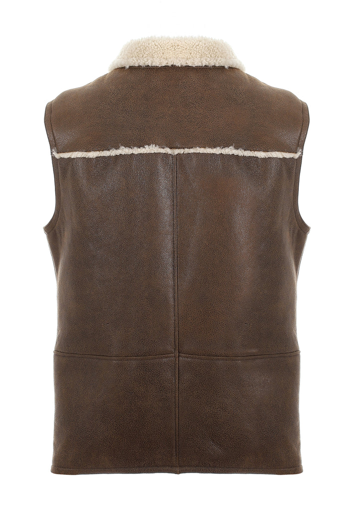 Mens Sheepskin Gilet - Vintage Camel - White Curly Wool - 2