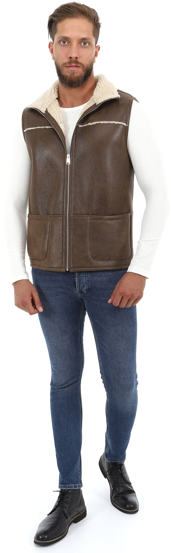Mens Sheepskin Gilet - Vintage Camel - White Curly Wool - 3