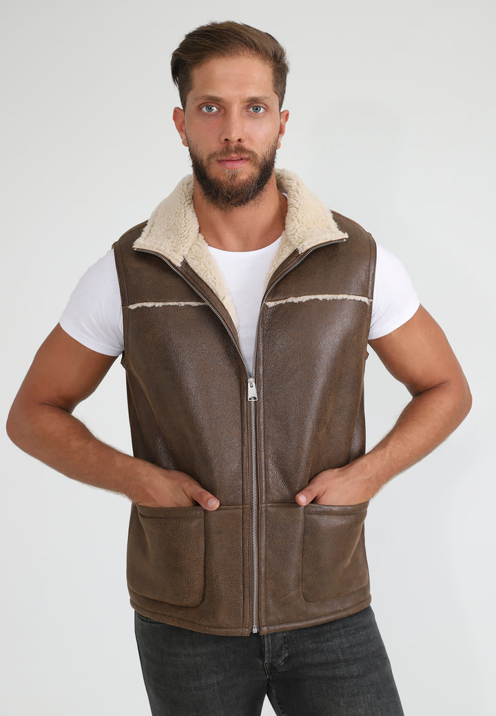 Mens Sheepskin Gilet - Vintage Camel - White Curly Wool - 4