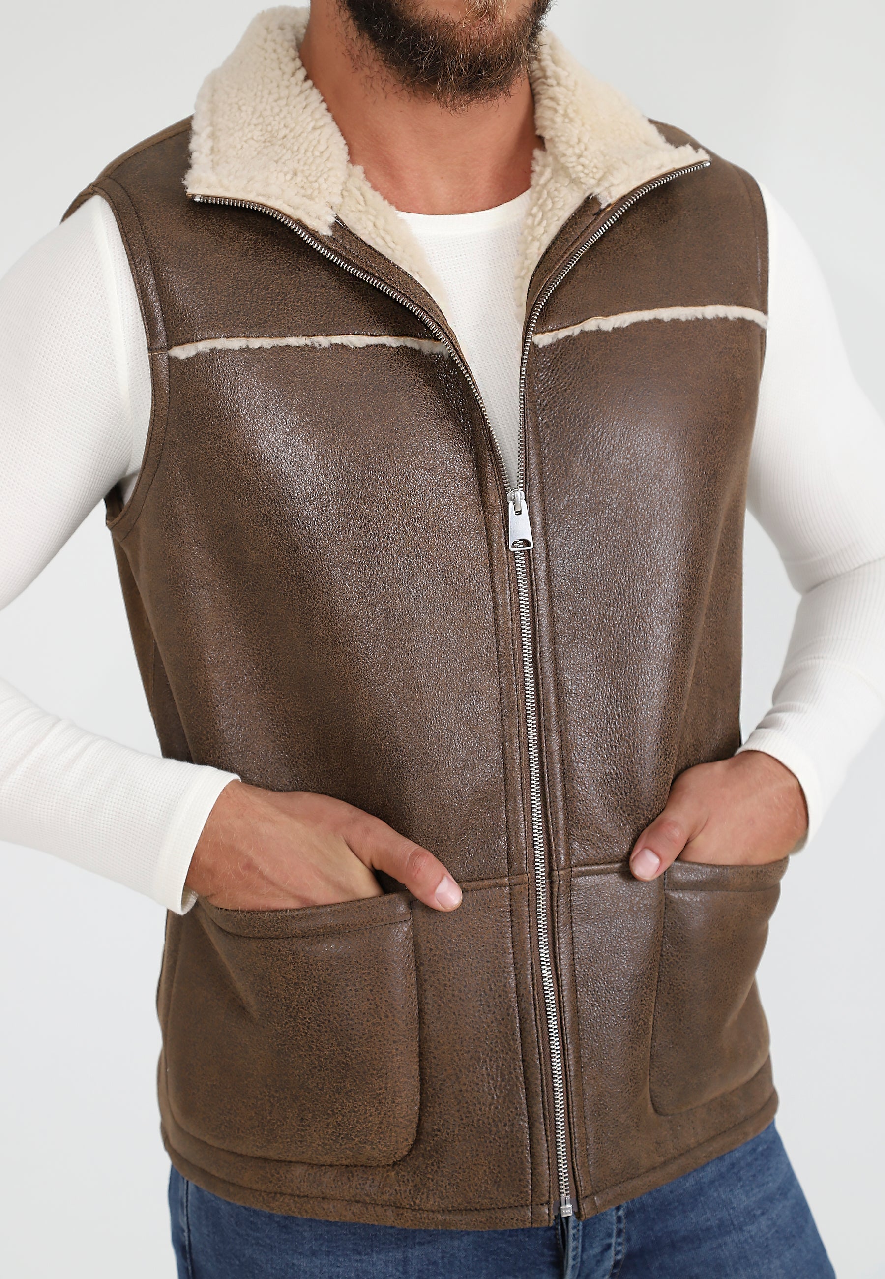 Men s Sheepskin Waistcoat Vinatge Camel with Beige Curly Wool FURNIQ UK LLC