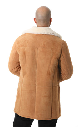 Image of Men's Sheepskin Trench Coat, Tan Suede with White Curly Wool