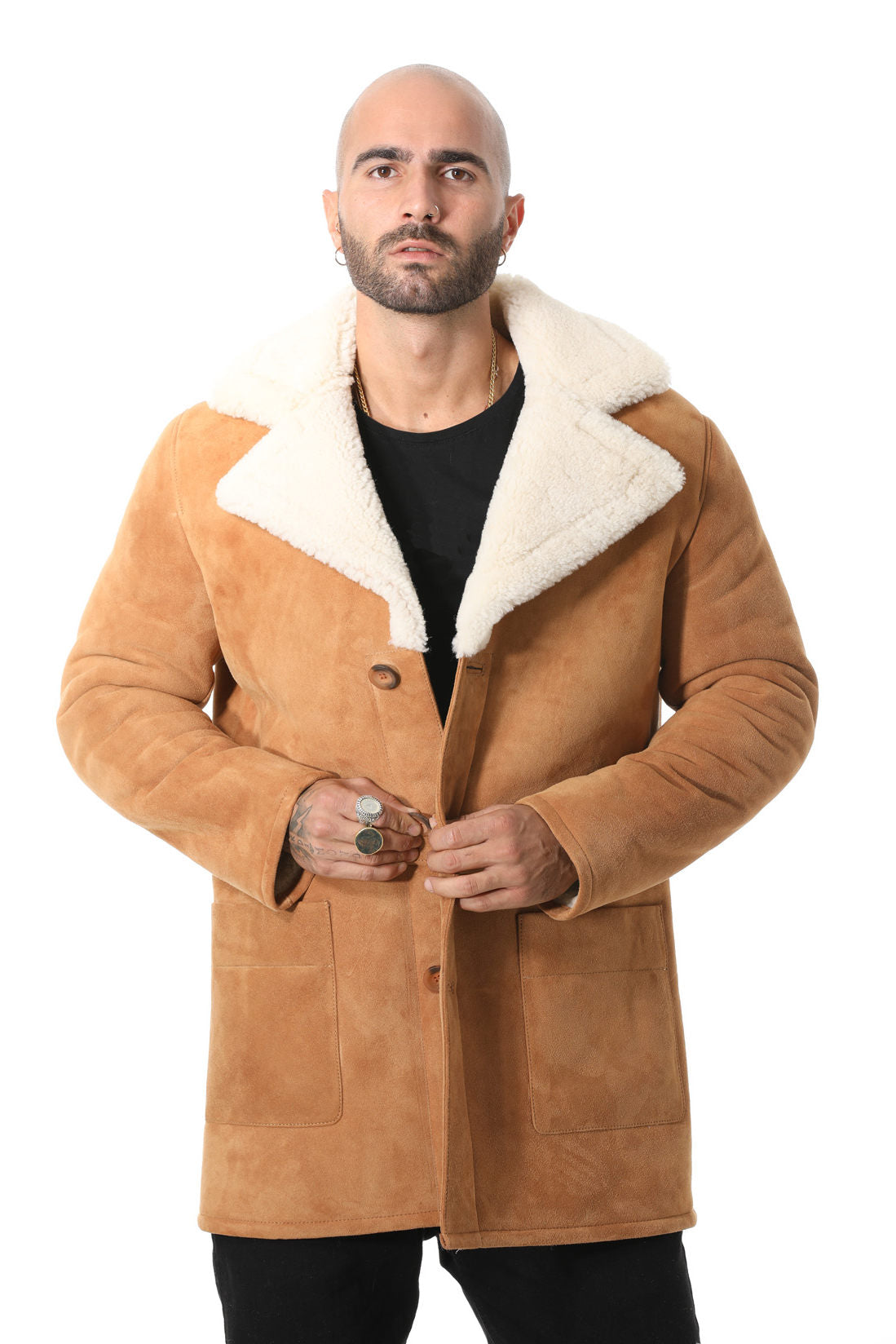 Men's Sheepskin Trench Coat, Tan Suede with White Curly Wool