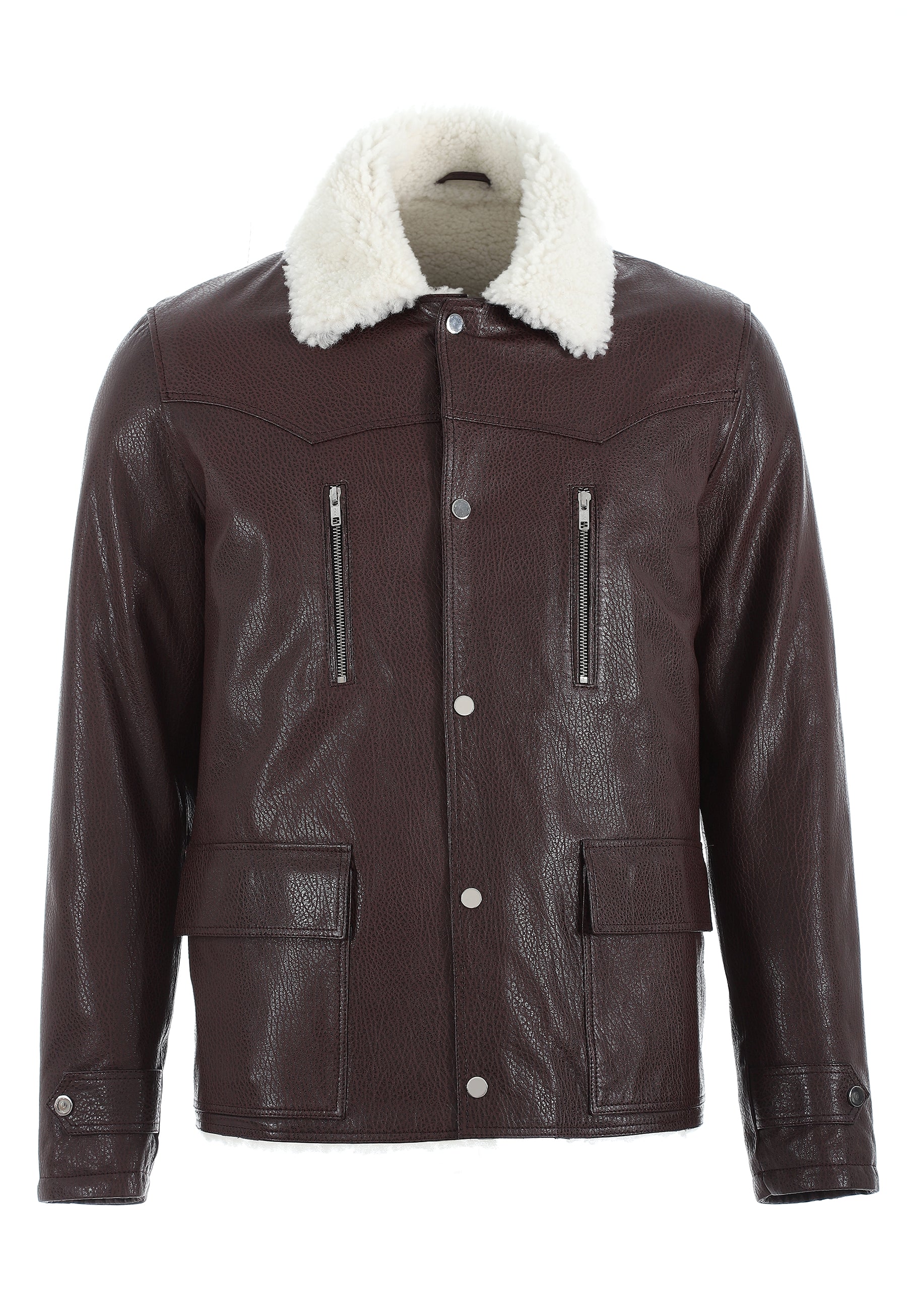 Men's Genuine Leather Coat with Shearling Lining, Burgundy Nappa and White Wool