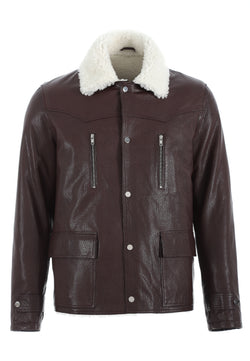 Image of Men's Genuine Leather Coat with Shearling Lining, Burgundy Nappa and White Wool