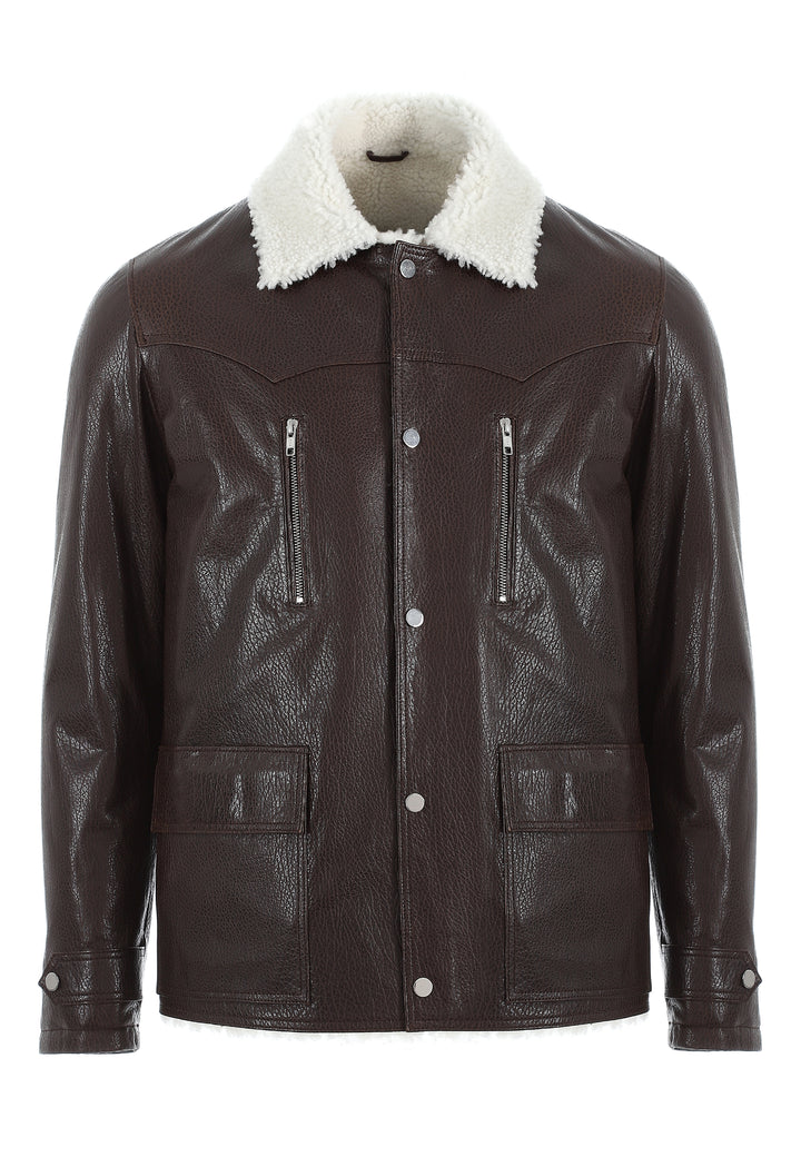 Mens Sheepskin Aviator Jacket - Ohaio Brown - White Curly Wool - 1