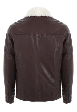 Image of Men's Genuine Leather Coat with Shearling Lining, Burgundy Nappa and White Wool