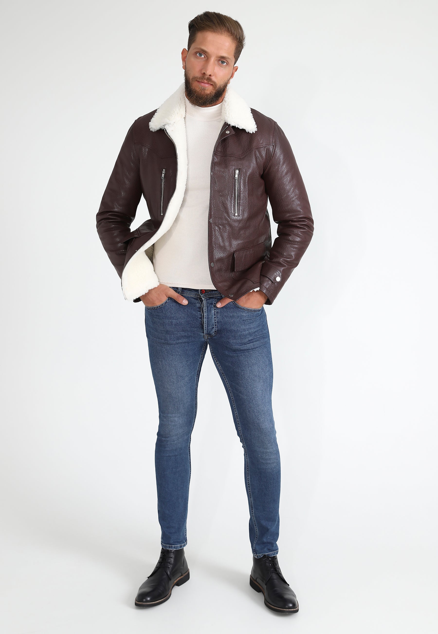 Men's Genuine Leather Coat with Shearling Lining, Burgundy Nappa and White Wool