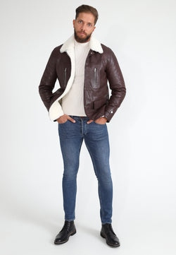 Image of Men's Genuine Leather Coat with Shearling Lining, Burgundy Nappa and White Wool