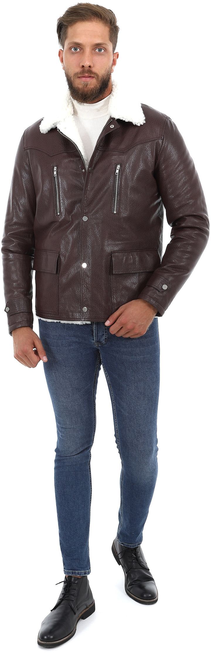 Mens Sheepskin Aviator Jacket - Ohaio Brown - White Curly Wool - 3