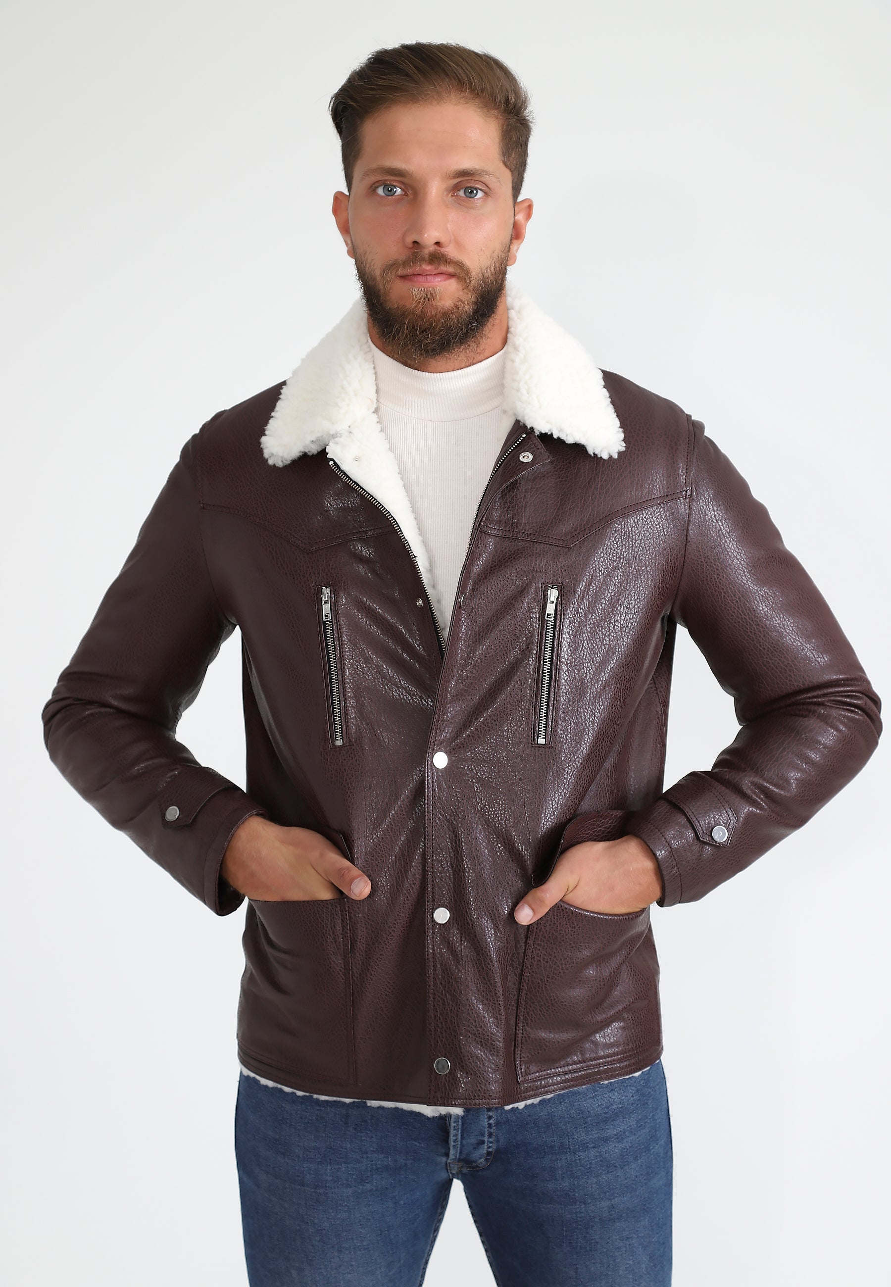 Men's Genuine Leather Coat with Shearling Lining, Burgundy Nappa and White Wool