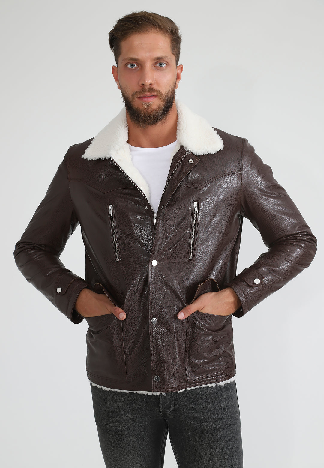 Mens Sheepskin Aviator Jacket - Ohaio Brown - White Curly Wool - 4