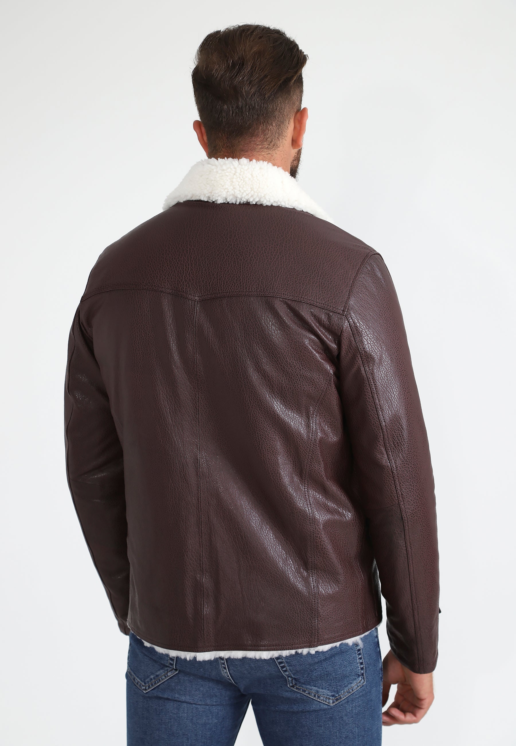 Men's Genuine Leather Coat with Shearling Lining, Burgundy Nappa and White Wool