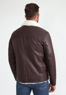 Image of Men's Genuine Leather Coat with Shearling Lining, Burgundy Nappa and White Wool