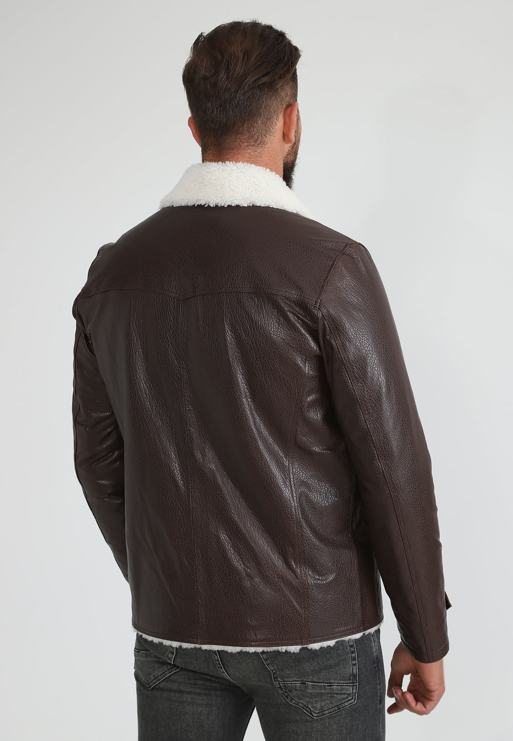 Mens Sheepskin Aviator Jacket - Ohaio Brown - White Curly Wool - 5