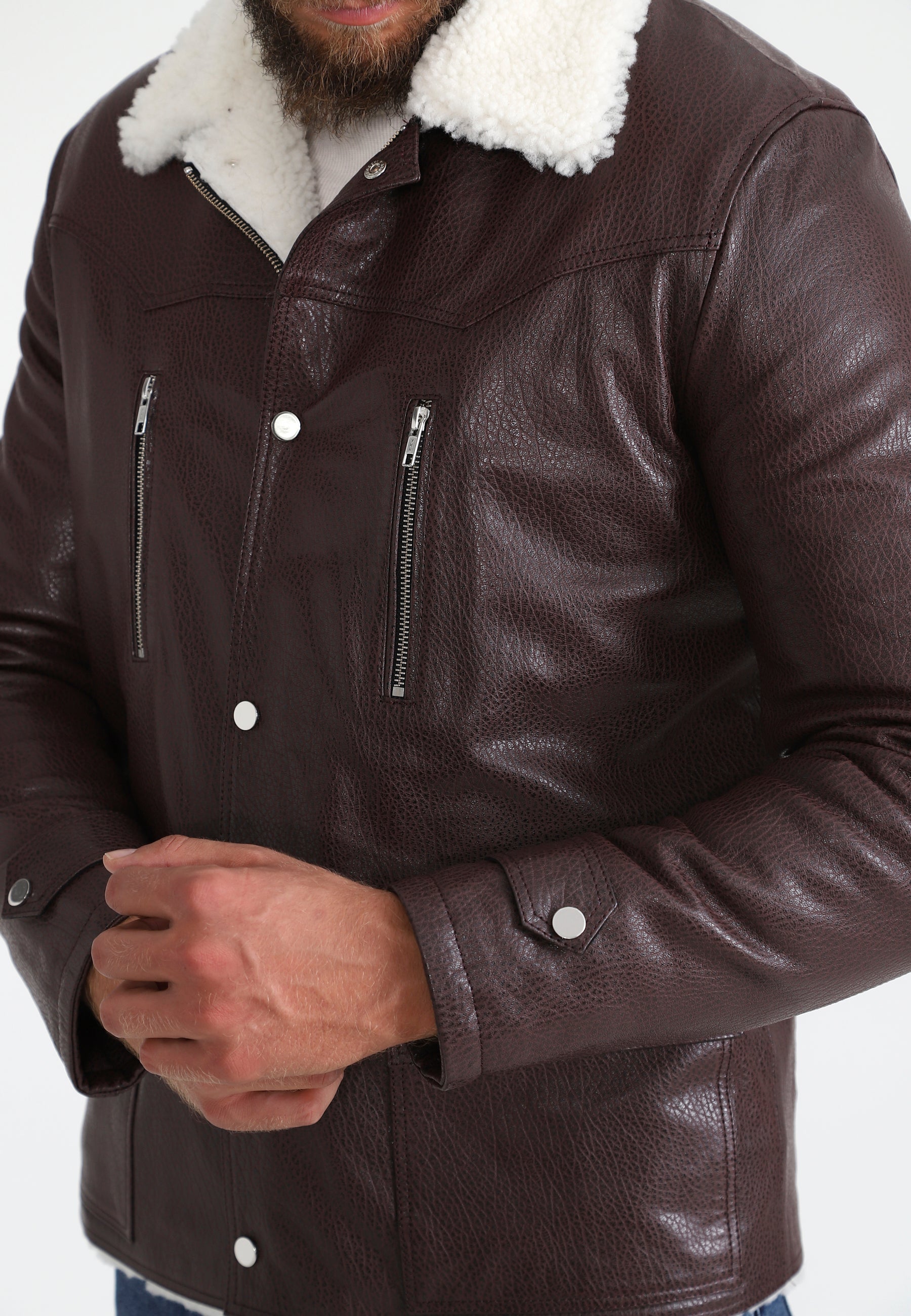 Men's Genuine Leather Coat with Shearling Lining, Burgundy Nappa and White Wool