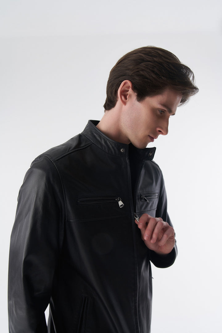 Cruiser Style Genuine Leather Jacket, Black