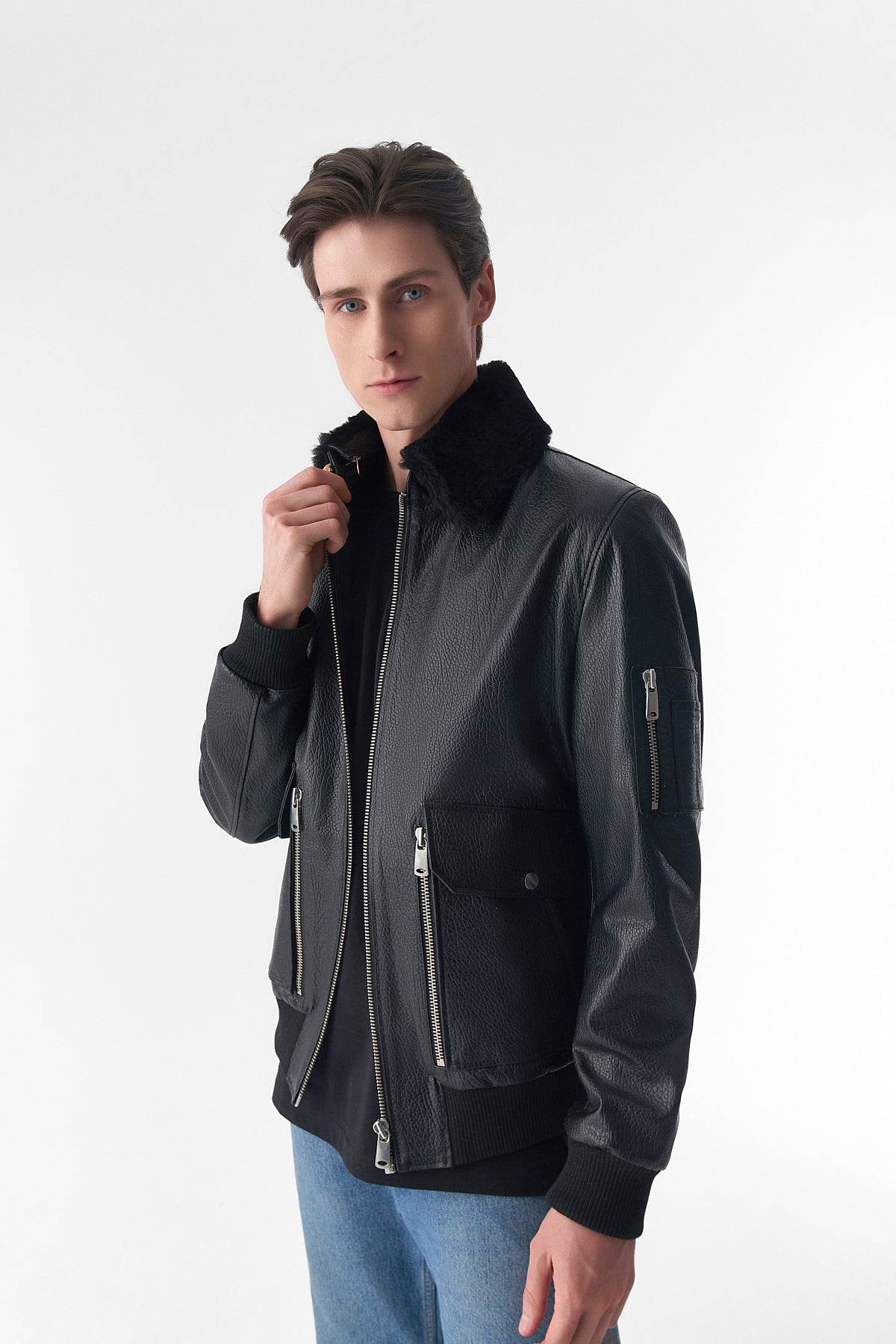 Detachable Shearling Collar Leather Jacket, Jumbo Black