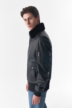 Image of Detachable Shearling Collar Leather Jacket, Jumbo Black