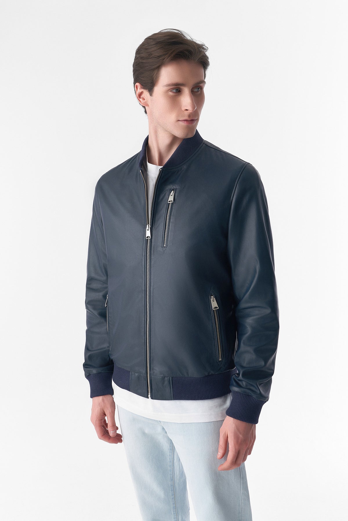 Genuine Leather Bomber Jacket, Navy