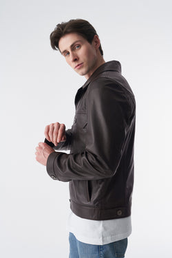 Image of Genuine Leather Trucker Jacket, Brown