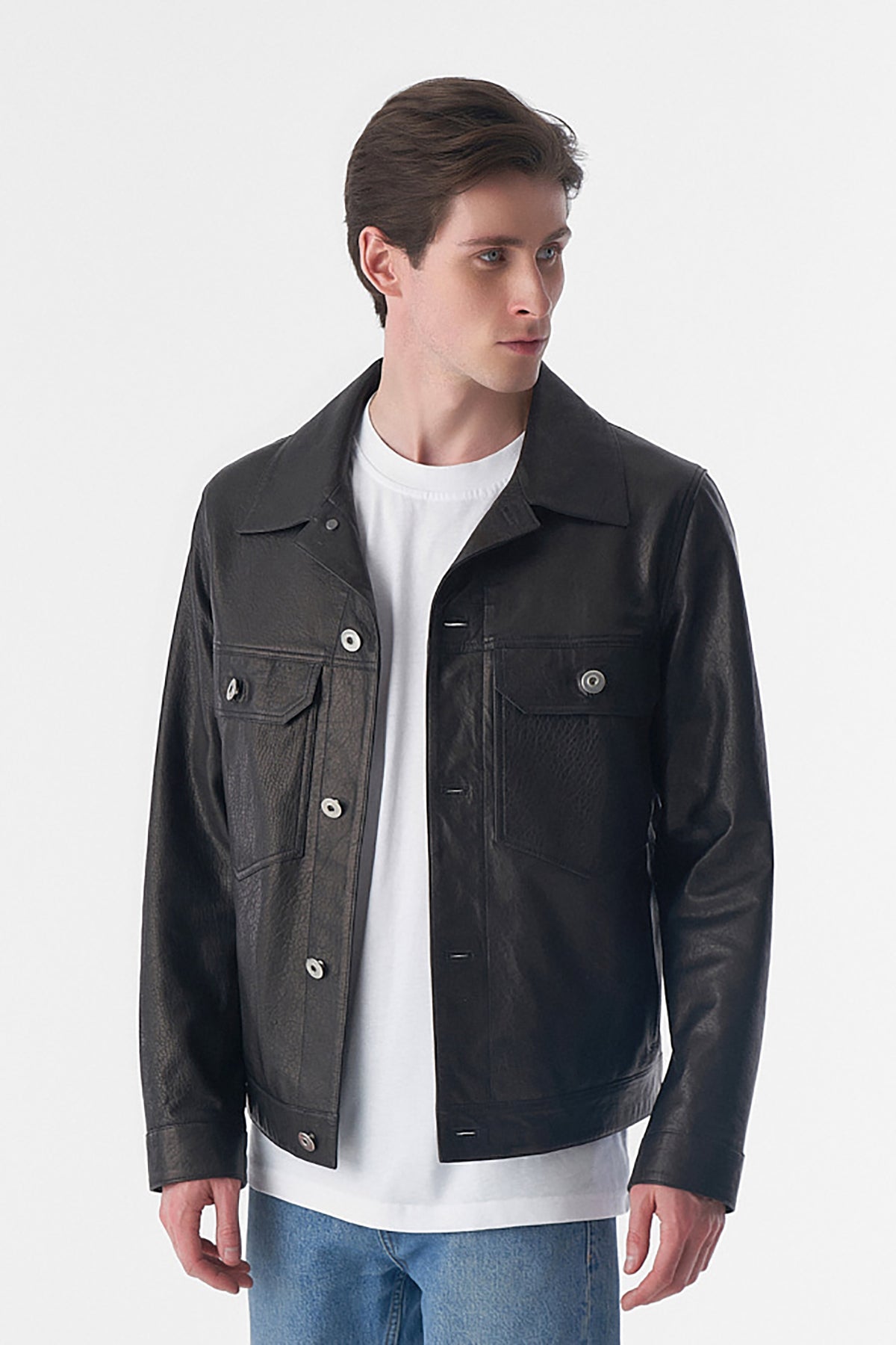 Genuine Leather Trucker Jacket, Natural Grain Black