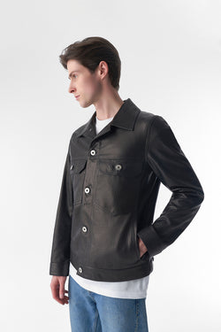 Image of Genuine Leather Trucker Jacket, Natural Grain Black