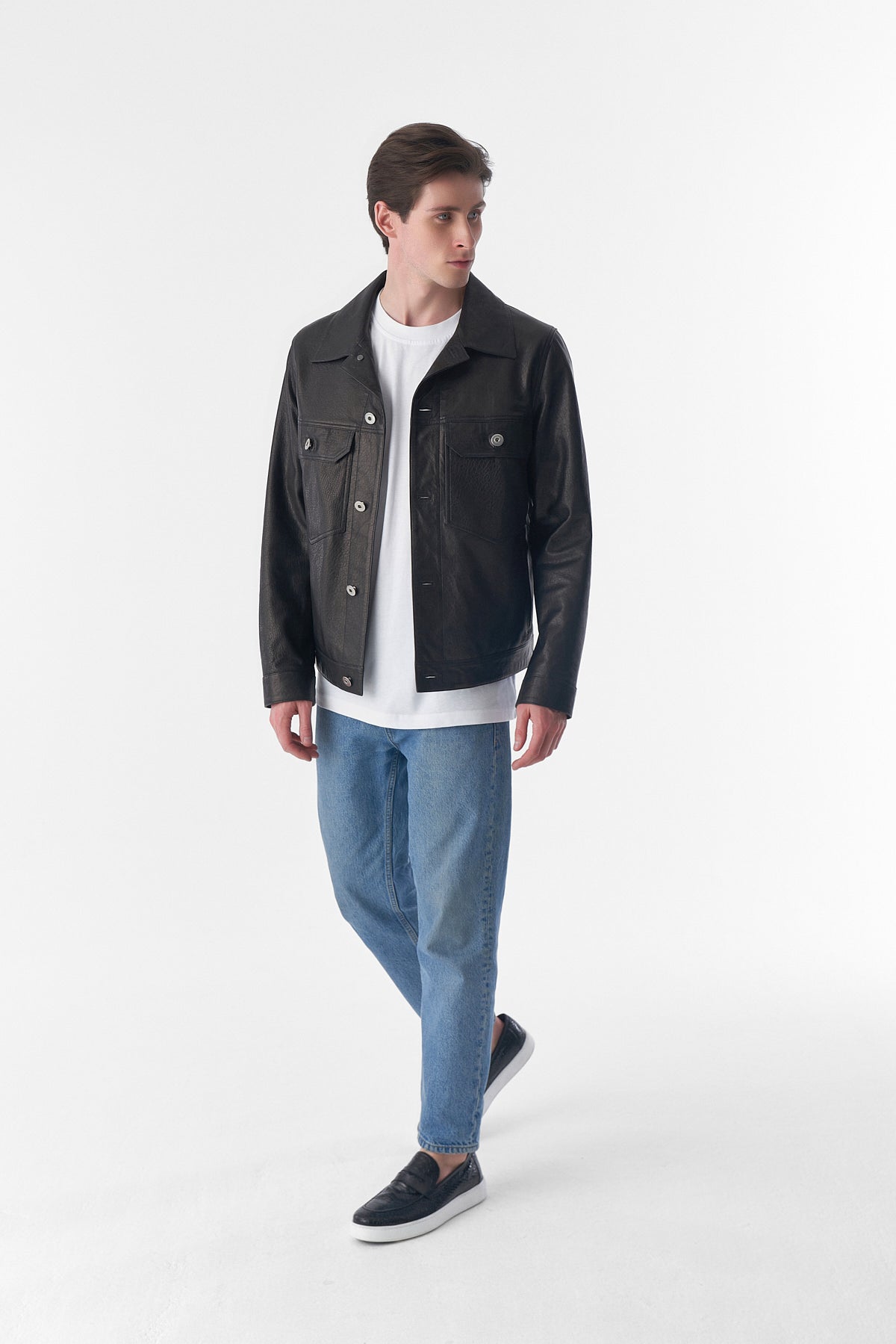 Genuine Leather Trucker Jacket, Natural Grain Black