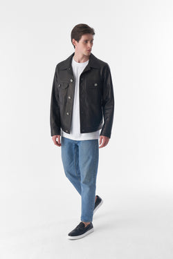 Image of Genuine Leather Trucker Jacket, Natural Grain Black