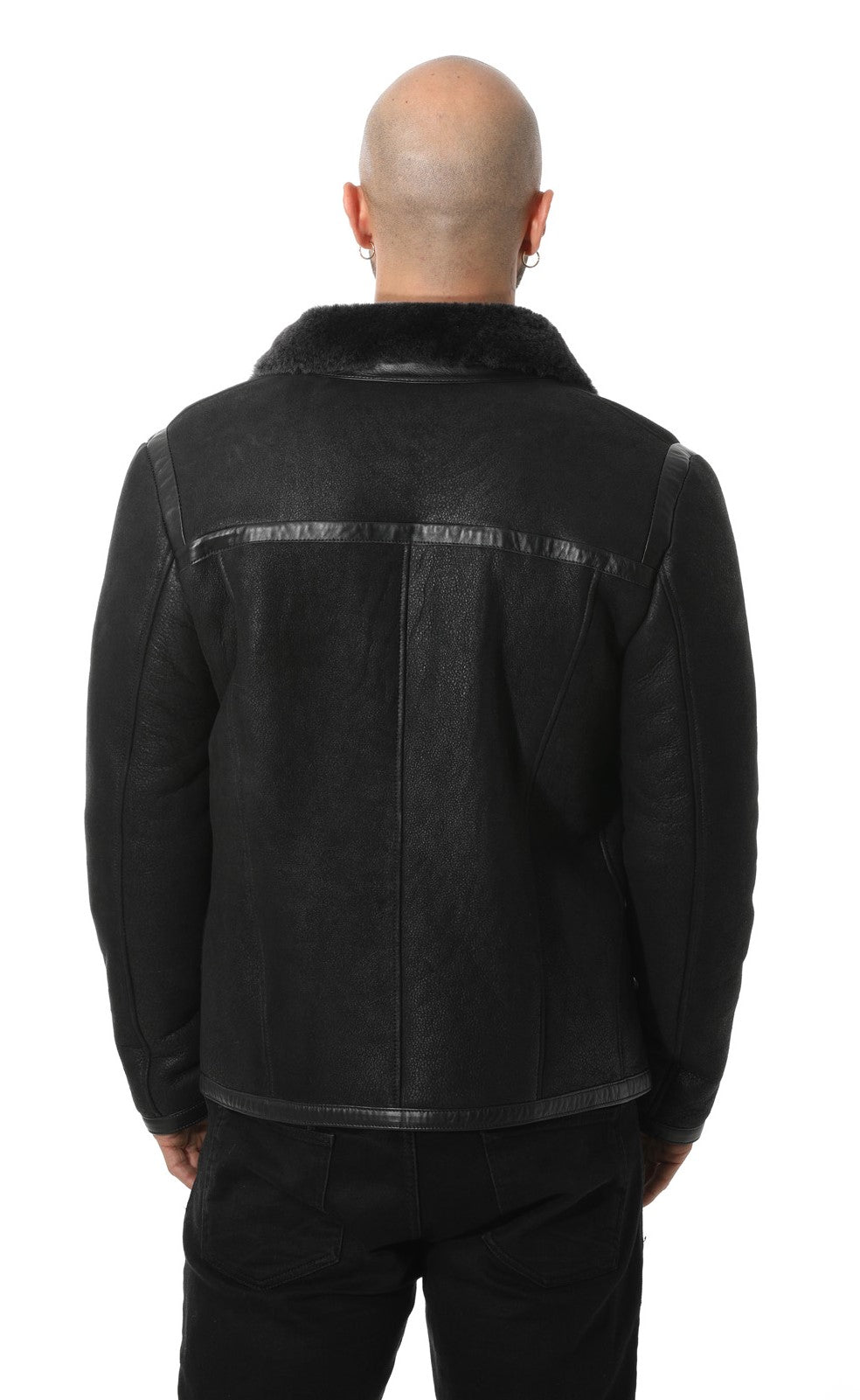 Men's Leather Banded Sheepskin Casual Jacket, Washed Black with Black Wool