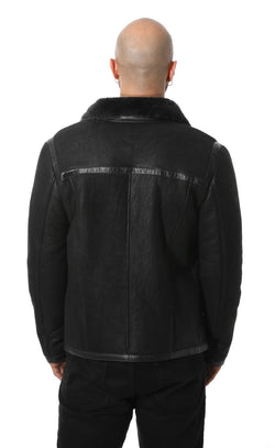 Image of Men's Leather Banded Sheepskin Casual Jacket, Washed Black with Black Wool