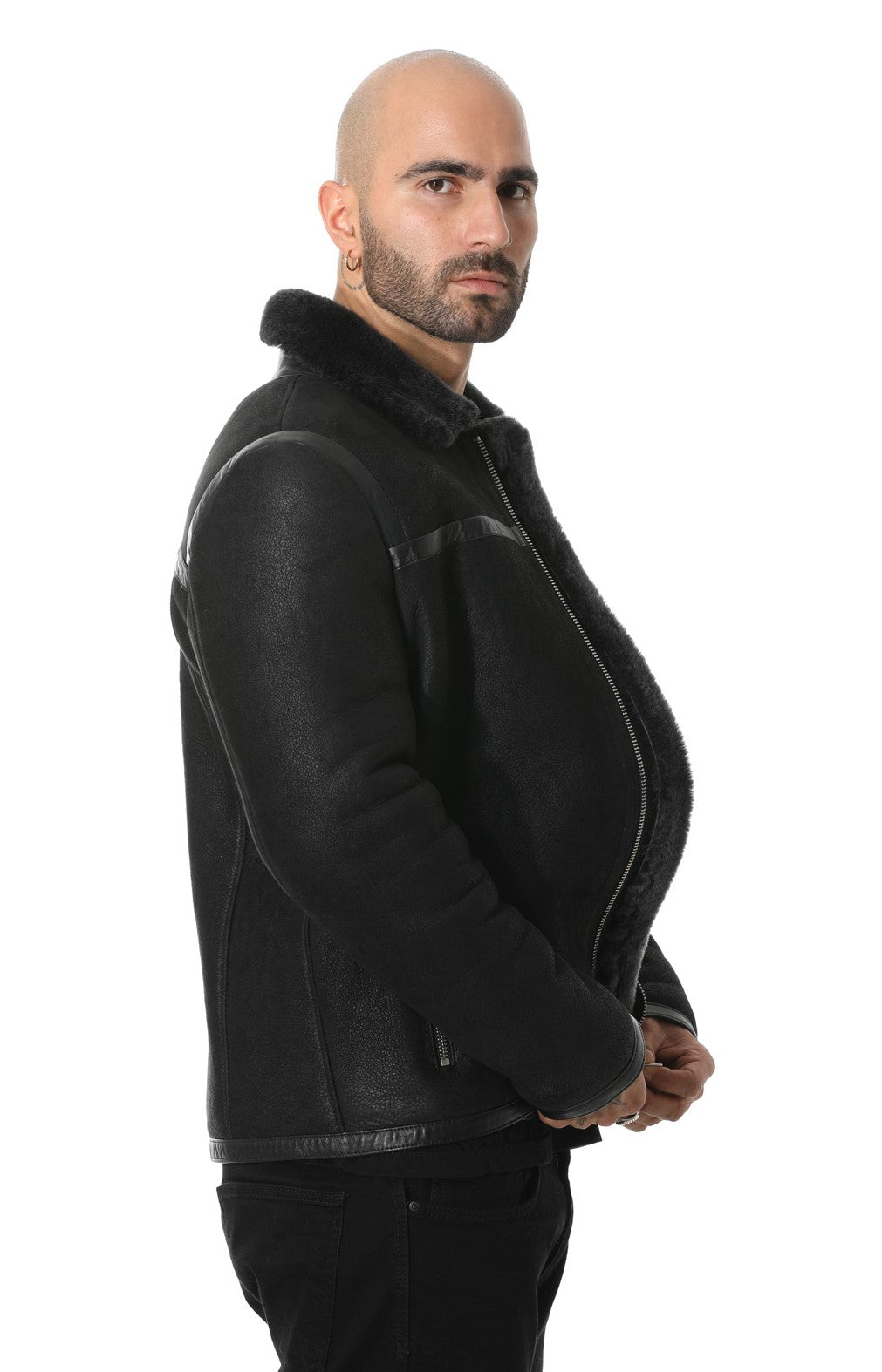 Men's Leather Banded Sheepskin Casual Jacket, Washed Black with Black Wool