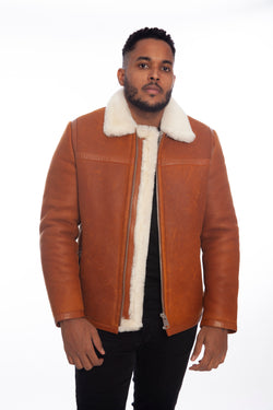 Image of Men's Leather Banded Sheepskin Casual Jacket, Washed Tan with White Wool