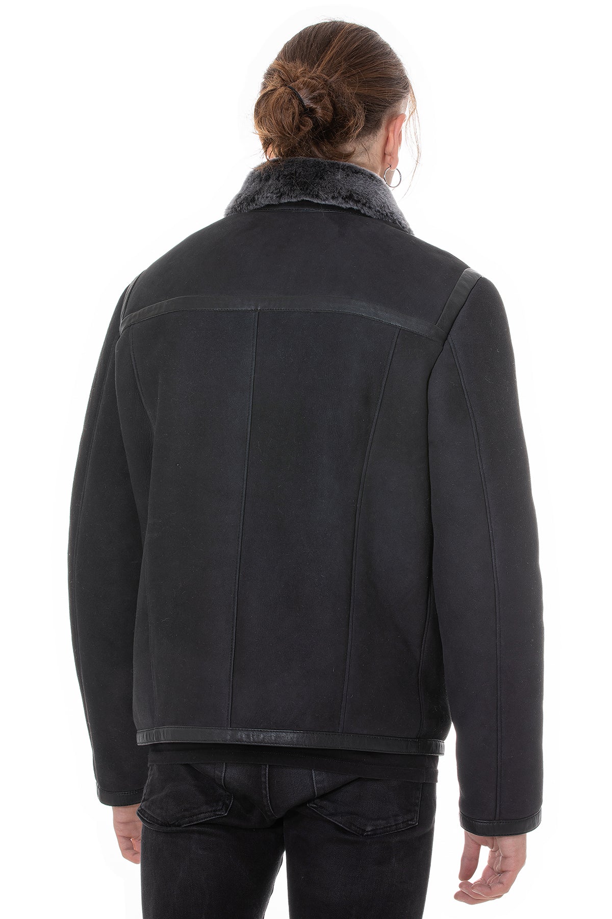 Men's Leather Banded Sheepskin Casual Jacket, Black Suede with Brissa Wool