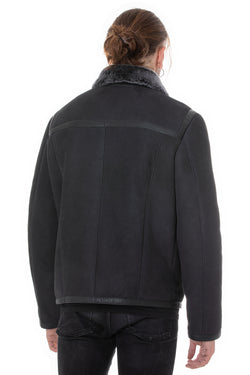 Image of Men's Leather Banded Sheepskin Casual Jacket, Black Suede with Brissa Wool