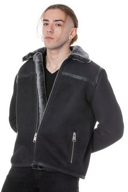 Image of Men's Leather Banded Sheepskin Casual Jacket, Black Suede with Brissa Wool