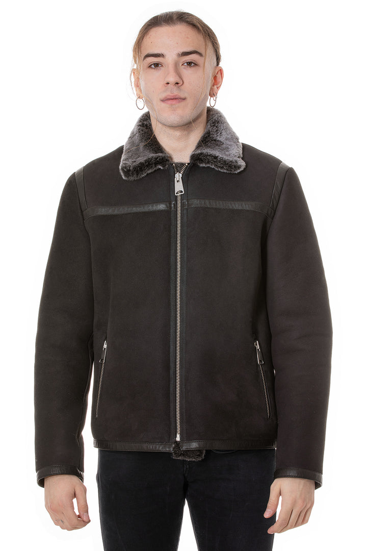 Men's Leather Banded Sheepskin Casual Jacket, Brown Suede with Brissa Wool