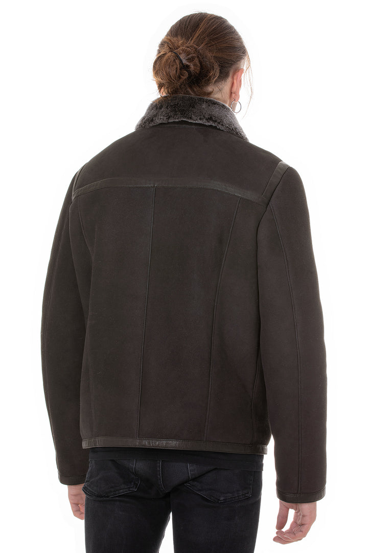 Men's Leather Banded Sheepskin Casual Jacket, Brown Suede with Brissa Wool